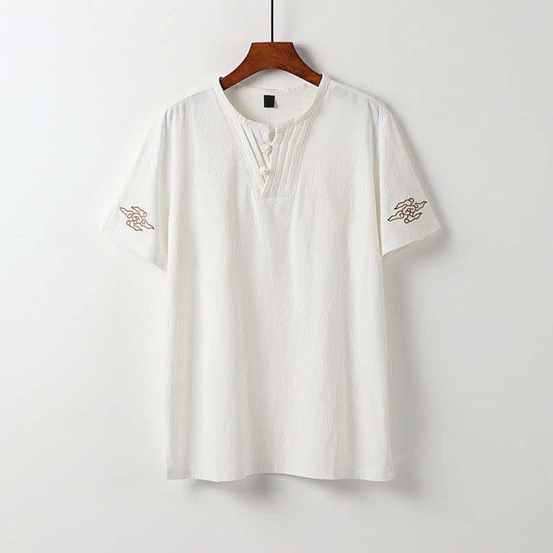Buddha Stones Letnia męska koszula z krótkim rękawem i dekoltem w serek, zapinana na żabki, z haftowanymi chmurkami, z bawełny i lnu - Biały - US/UK/AU54， EU64 (9XL) - image 1