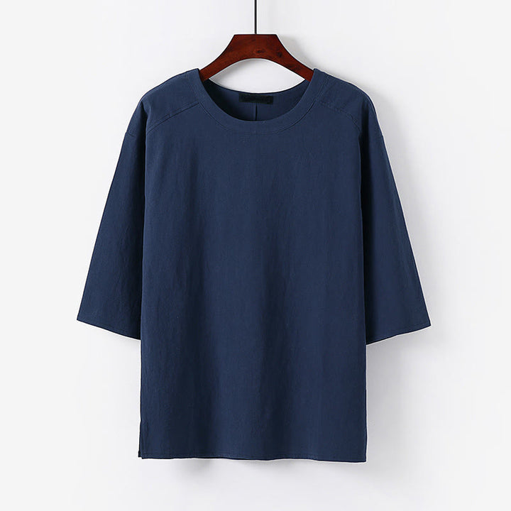 Buddha Stones Letnia, swobodna męska koszulka z bawełny i lnu z okrągłym dekoltem i krótkim rękawem - Stalowoniebieski - US/UK/AU54， EU64 (9XL) - image 8