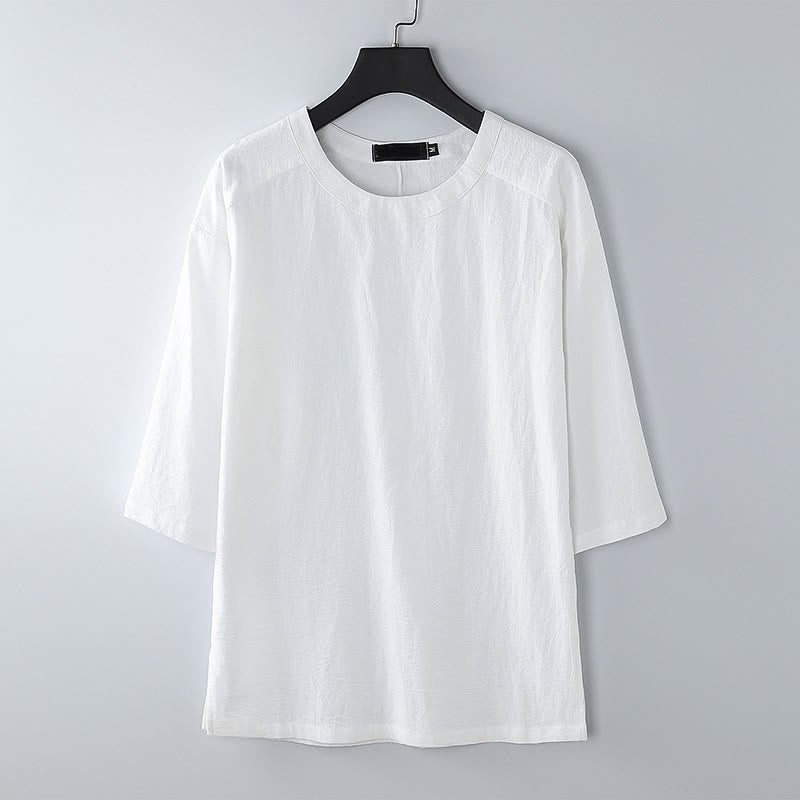 Buddha Stones Letnia, swobodna męska koszulka z bawełny i lnu z okrągłym dekoltem i krótkim rękawem - Biały - US/UK/AU54， EU64 (9XL) - image 9