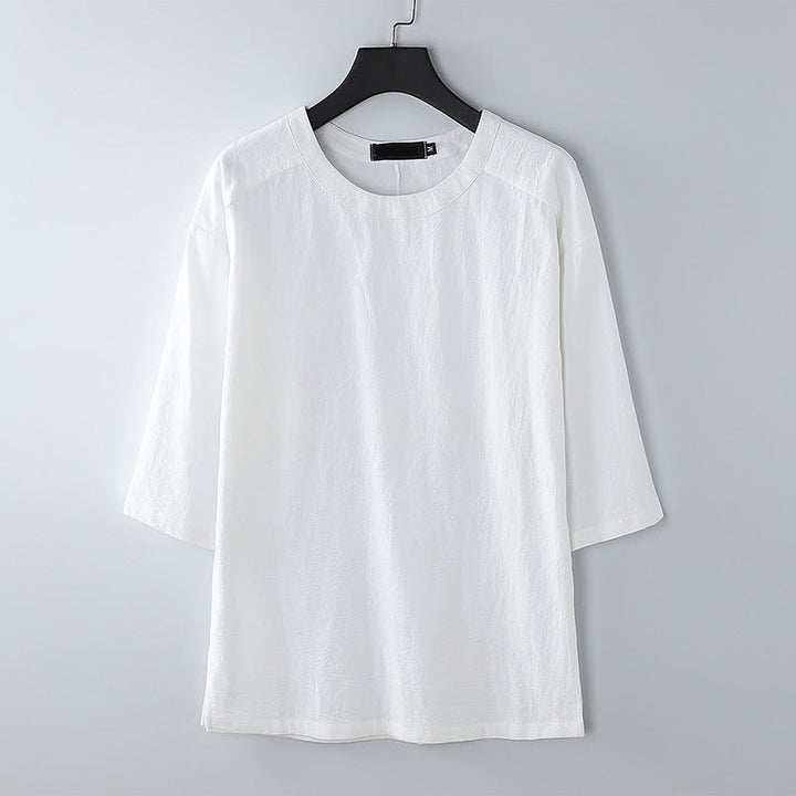 Buddha Stones Letnia, swobodna męska koszulka z bawełny i lnu z okrągłym dekoltem i krótkim rękawem - Biały - US/UK/AU54， EU64 (9XL) - image 9