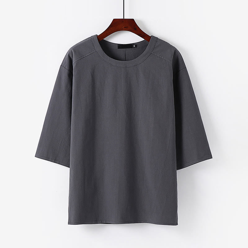 Buddha Stones Letnia, swobodna męska koszulka z bawełny i lnu z okrągłym dekoltem i krótkim rękawem - Szary - US/UK/AU54， EU64 (9XL) - image 6