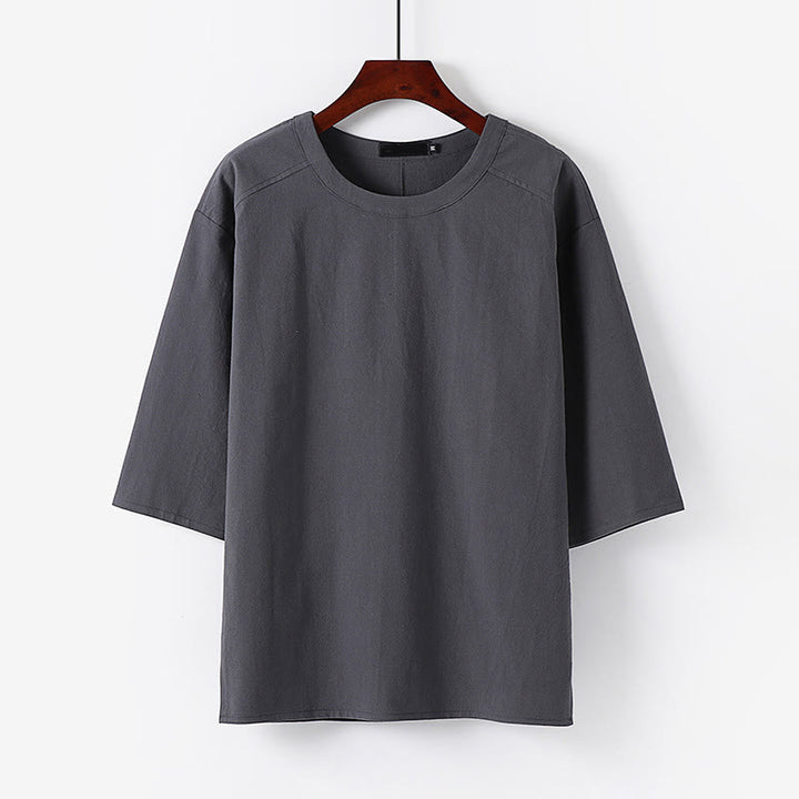 Buddha Stones Letnia, swobodna męska koszulka z bawełny i lnu z okrągłym dekoltem i krótkim rękawem - Szary - US/UK/AU54， EU64 (9XL) - image 6