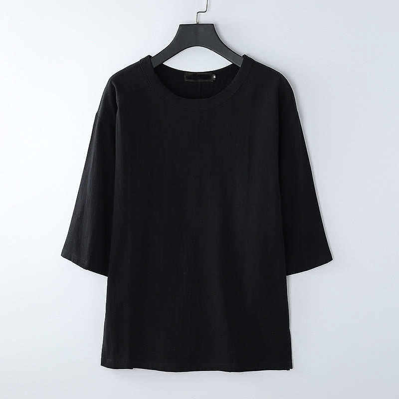 Buddha Stones Letnia, swobodna męska koszulka z bawełny i lnu z okrągłym dekoltem i krótkim rękawem - Czarny - US/UK/AU54， EU64 (9XL) - image 7