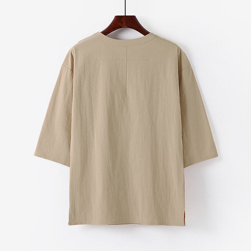 Buddha Stones Letnia, swobodna męska koszulka z bawełny i lnu z okrągłym dekoltem i krótkim rękawem - image 1