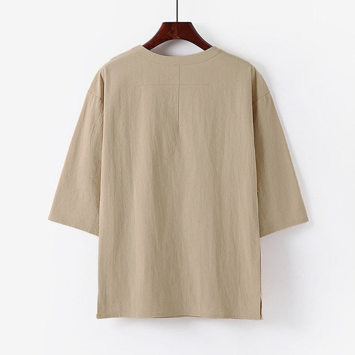 Buddha Stones Letnia, swobodna męska koszulka z bawełny i lnu z okrągłym dekoltem i krótkim rękawem - image 1