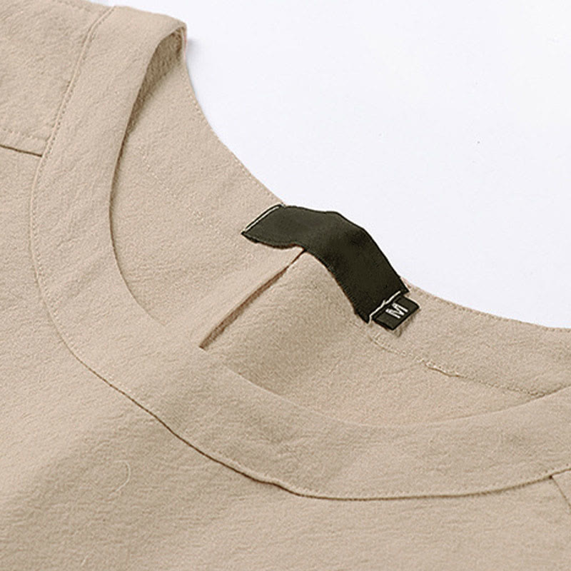 Buddha Stones Letnia, swobodna męska koszulka z bawełny i lnu z okrągłym dekoltem i krótkim rękawem - image 2