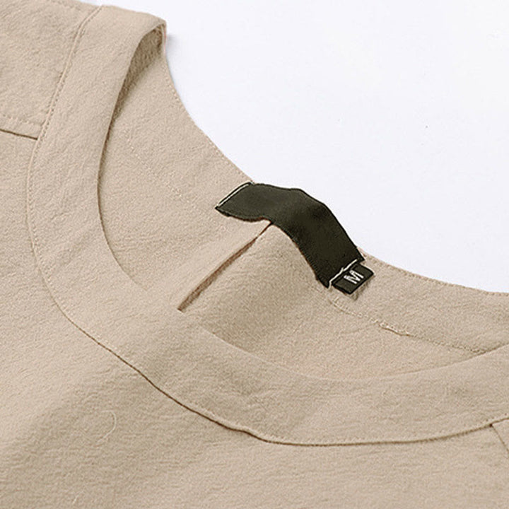 Buddha Stones Letnia, swobodna męska koszulka z bawełny i lnu z okrągłym dekoltem i krótkim rękawem - image 2