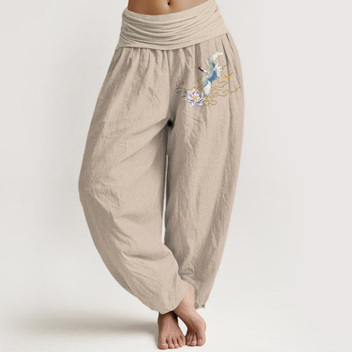 Spodnie Buddha Stones damskie z elastycznej talii z motywem żurawia i lotosu z czystej bawełny - Dębnik - US22, UK/AU26, EU54 (6XL) - image 11