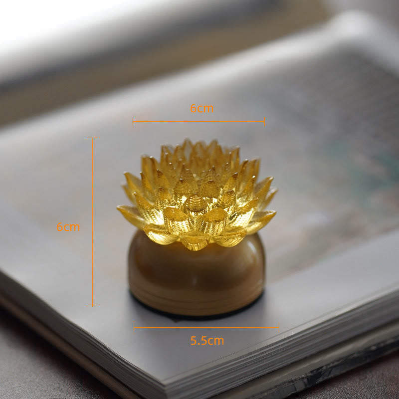 Buddha Stones Lotus Liuli Szkło Miedź Mosiądz Nowy Początek Dekoracja Domu - Podstawa z miedzi i mosiądzu w kolorze złotego lotosu (6*6*5,5 cm) - Akumulatorowy - image 11