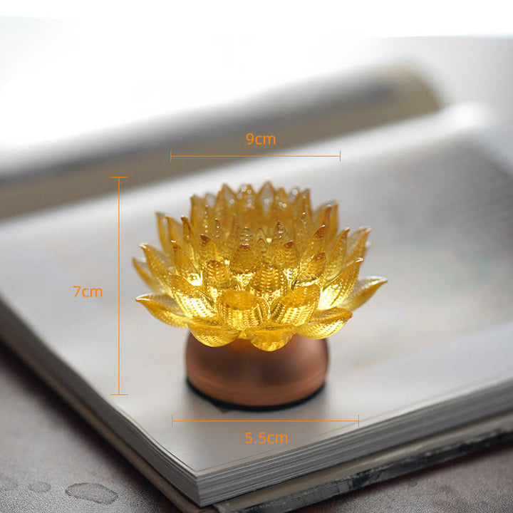 Buddha Stones Lotus Liuli Szkło Miedź Mosiądz Nowy Początek Dekoracja Domu - Podstawa ze stopu aluminium Golden Lotus (9*7*5,5 cm) - Akumulatorowy - image 16
