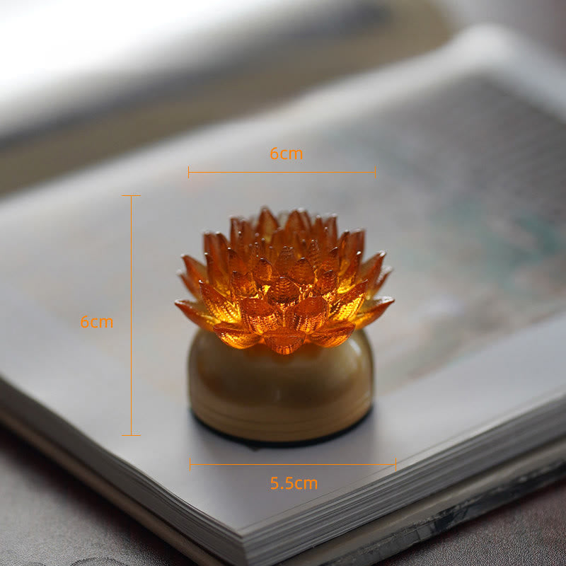Buddha Stones Lotus Liuli Szkło Miedź Mosiądz Nowy Początek Dekoracja Domu - Podstawa z miedzi i mosiądzu w kolorze pomarańczowego lotosu (6*6*5,5 cm) - Akumulatorowy - image 14