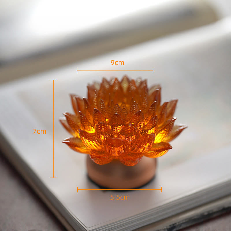 Buddha Stones Lotus Liuli Szkło Miedź Mosiądz Nowy Początek Dekoracja Domu - Podstawa ze stopu aluminium w kolorze pomarańczowym Lotus (9*7*5,5 cm) - Akumulatorowy - image 18