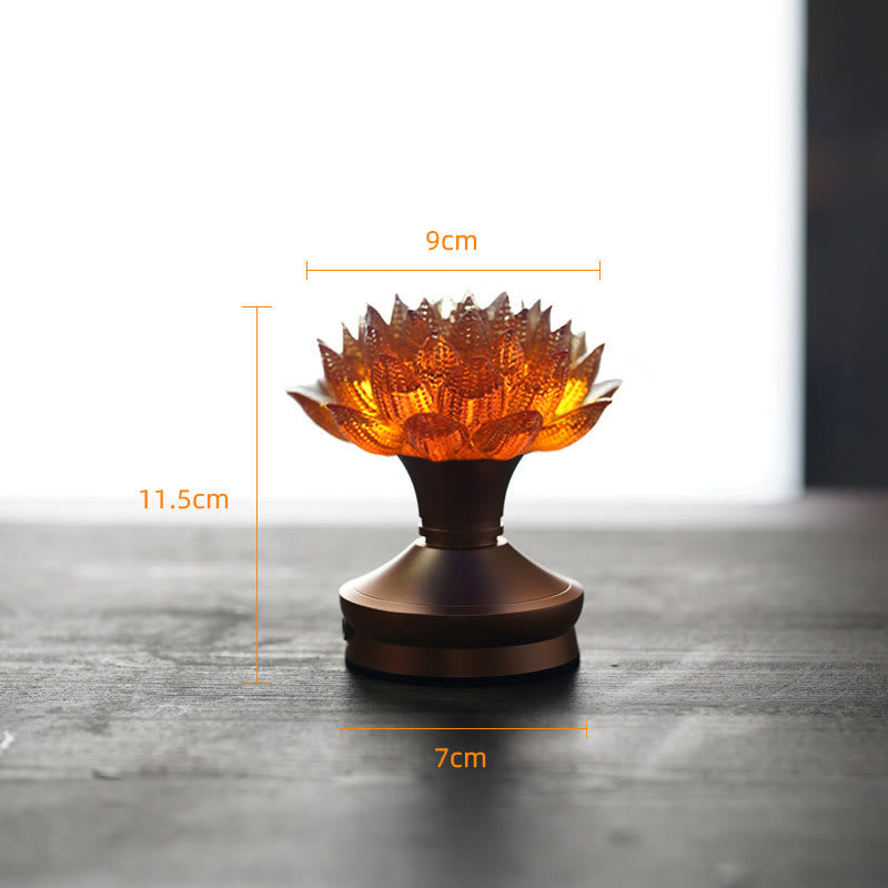 Buddha Stones Lotus Liuli Szkło Miedź Mosiądz Nowy Początek Dekoracja Domu - Podstawa ze stopu aluminium w kolorze pomarańczowym Lotus (9*11,5*7 cm) - Akumulatorowy - image 29