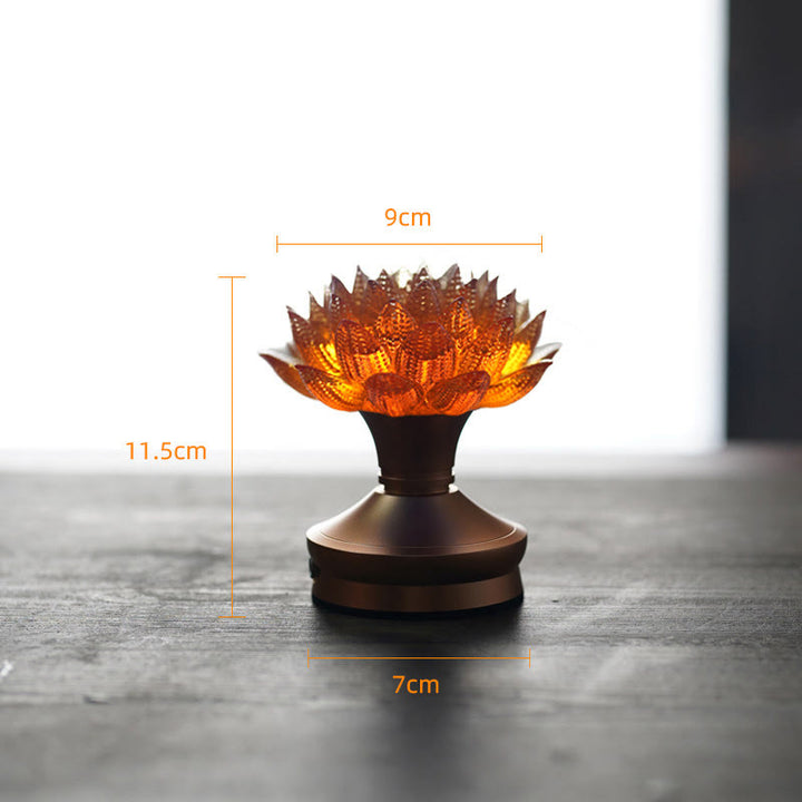 Buddha Stones Lotus Liuli Szkło Miedź Mosiądz Nowy Początek Dekoracja Domu - Podstawa ze stopu aluminium w kolorze pomarańczowym Lotus (9*11,5*7 cm) - Akumulatorowy - image 29