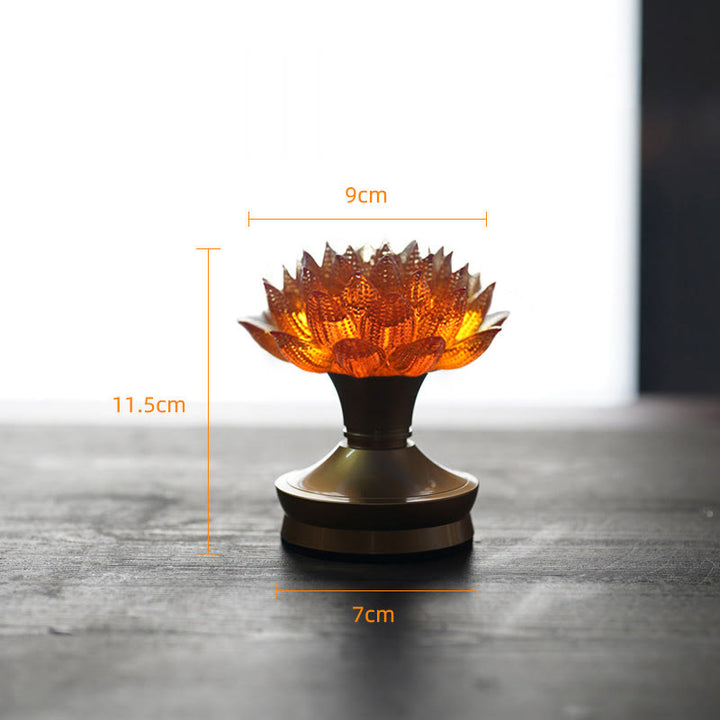 Buddha Stones Lotus Liuli Szkło Miedź Mosiądz Nowy Początek Dekoracja Domu - Podstawa z miedzi i mosiądzu w kolorze pomarańczowego lotosu (9*11,5*7 cm) - Akumulatorowy - image 33
