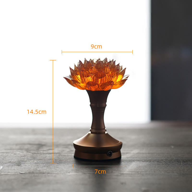 Buddha Stones Lotus Liuli Szkło Miedź Mosiądz Nowy Początek Dekoracja Domu - Podstawa ze stopu aluminium w kolorze pomarańczowym Lotus (9*14,5*7 cm) - Akumulatorowy - image 37