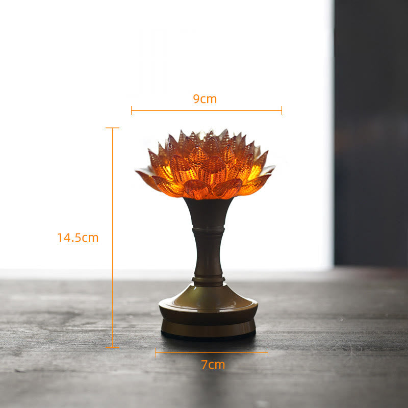 Buddha Stones Lotus Liuli Szkło Miedź Mosiądz Nowy Początek Dekoracja Domu - Podstawa z miedzi i mosiądzu w kolorze pomarańczowego lotosu (9*14,5*7 cm) - Akumulatorowy - image 41