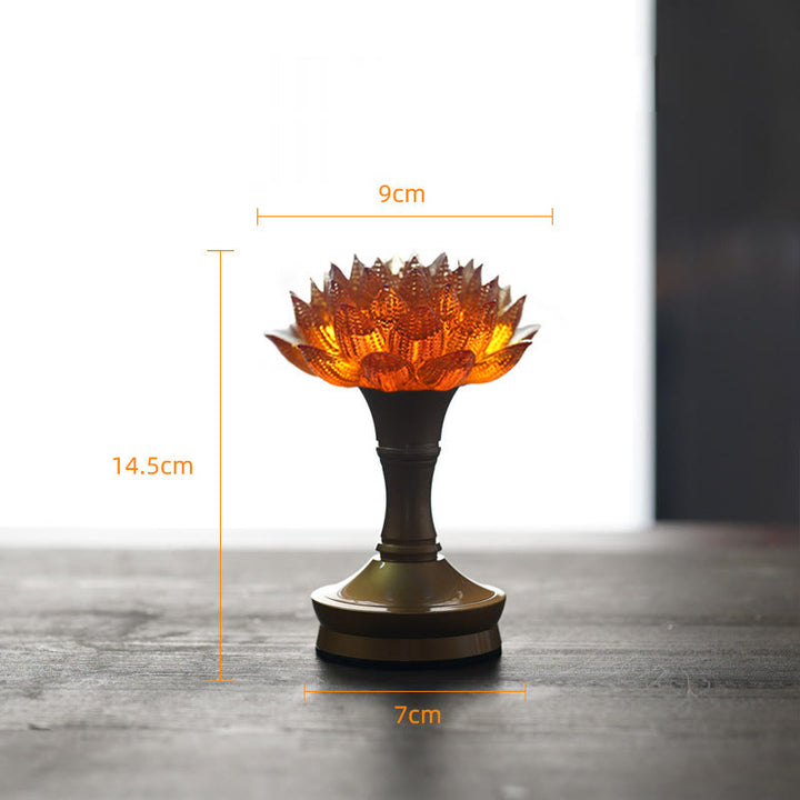 Buddha Stones Lotus Liuli Szkło Miedź Mosiądz Nowy Początek Dekoracja Domu - Podstawa z miedzi i mosiądzu w kolorze pomarańczowego lotosu (9*14,5*7 cm) - Akumulatorowy - image 41