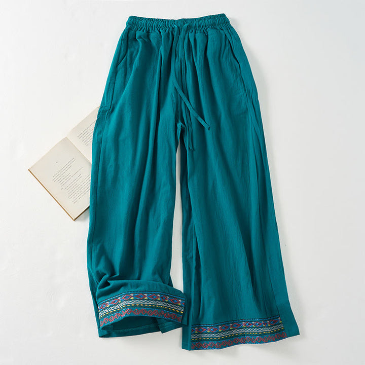Spodnie damskie z szerokimi nogawkami i kieszeniami w gładkie, boho paski z motywem Buddha Stones - Ciemnocyjanowy - US12, UK/AU16, EU44 (XL) - image 0