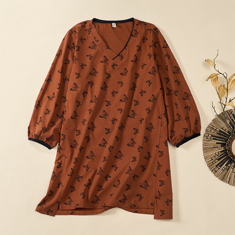 Buddha Stones Koszula damska z długim rękawem i dekoltem w serek z wzorem motyli, wykonana z poliestru - Sjena - US12, UK/AU16, EU44 (2XL) - image 0