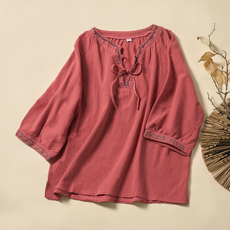 Buddha Stones Letnia koszula damska z krótkim rękawem, dekoltem w serek, sznurowana, bawełniana, z haftowanymi liniami - Łosoś - US12, UK/AU16, EU44 (3XL) - image 5