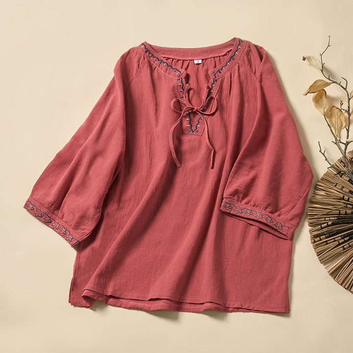 Buddha Stones Letnia koszula damska z krótkim rękawem, dekoltem w serek, sznurowana, bawełniana, z haftowanymi liniami - Łosoś - US12, UK/AU16, EU44 (3XL) - image 5