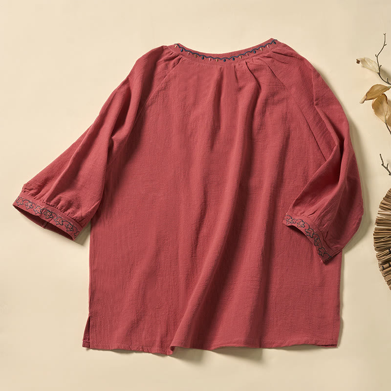 Buddha Stones Letnia koszula damska z krótkim rękawem, dekoltem w serek, sznurowana, bawełniana, z haftowanymi liniami - image 6