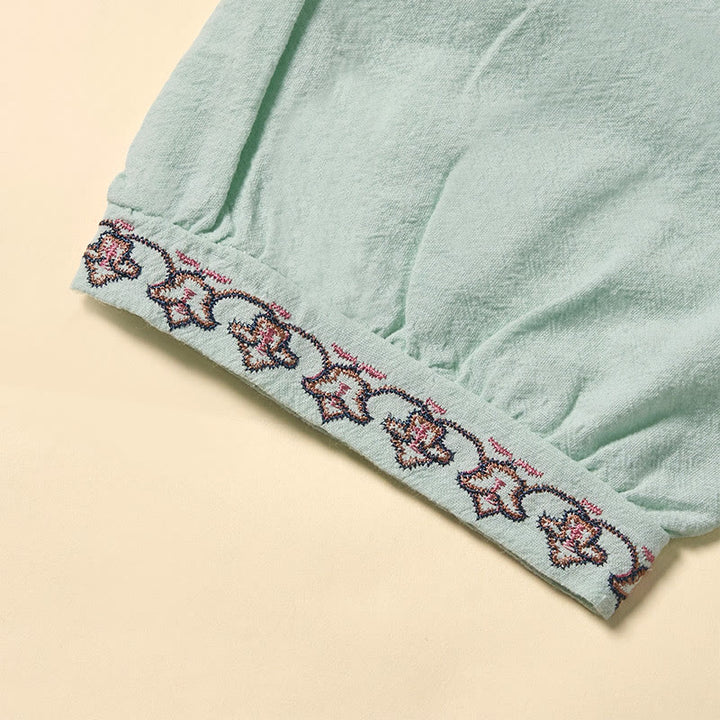 Buddha Stones Letnia koszula damska z krótkim rękawem, dekoltem w serek, sznurowana, bawełniana, z haftowanymi liniami - image 3