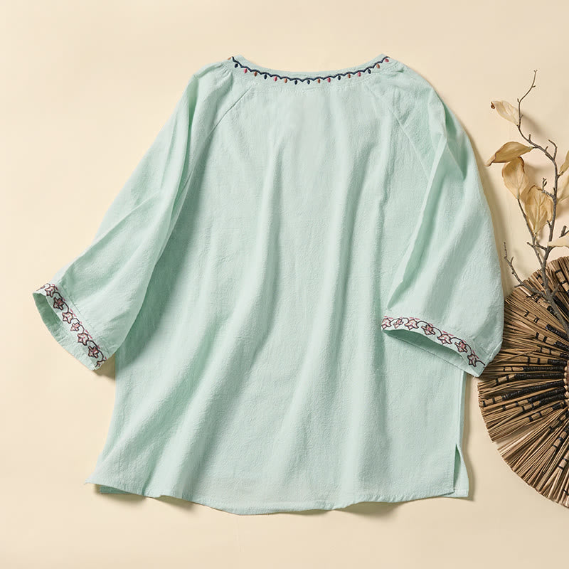 Buddha Stones Letnia koszula damska z krótkim rękawem, dekoltem w serek, sznurowana, bawełniana, z haftowanymi liniami - image 1