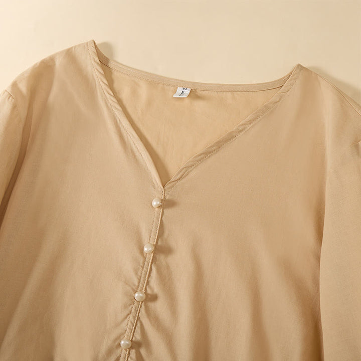 Buddha Stones Letnia, jednokolorowa, damska koszula z krótkim rękawem i dekoltem w serek, zapinana na ozdobne guziki - image 3