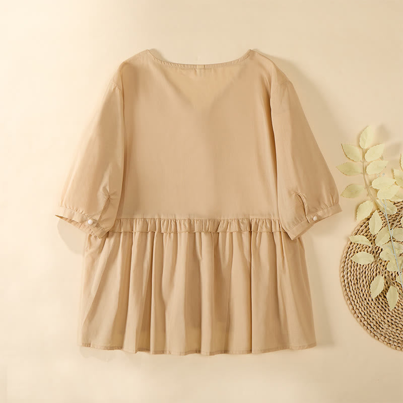 Buddha Stones Letnia, jednokolorowa, damska koszula z krótkim rękawem i dekoltem w serek, zapinana na ozdobne guziki - image 1