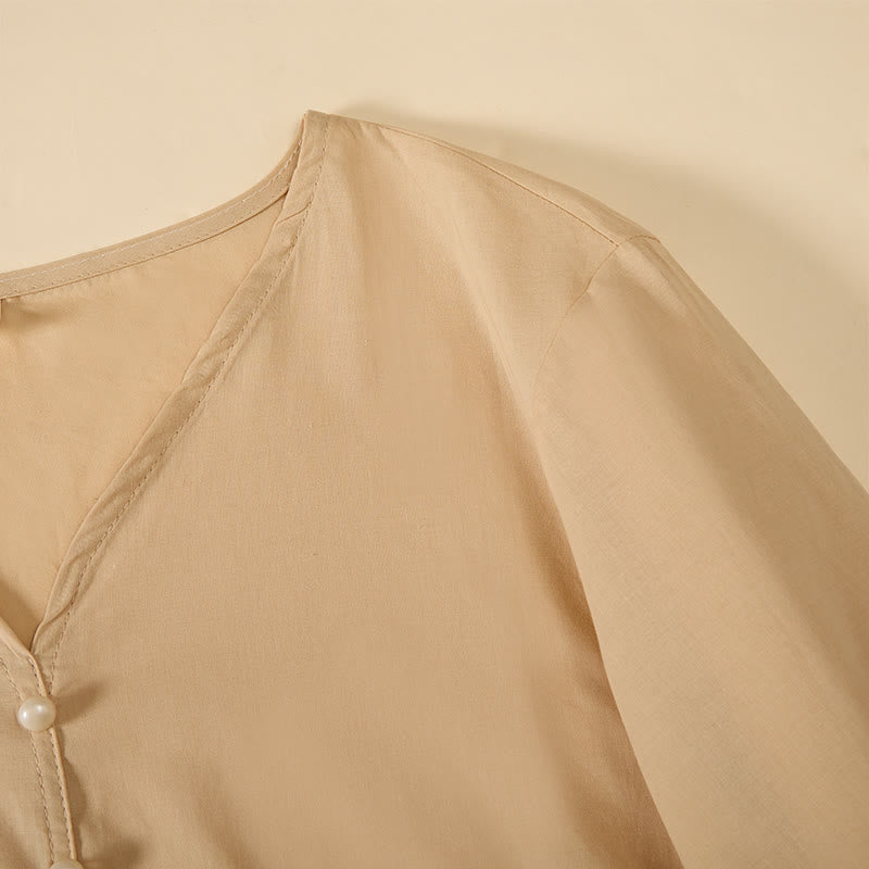 Buddha Stones Letnia, jednokolorowa, damska koszula z krótkim rękawem i dekoltem w serek, zapinana na ozdobne guziki - image 4