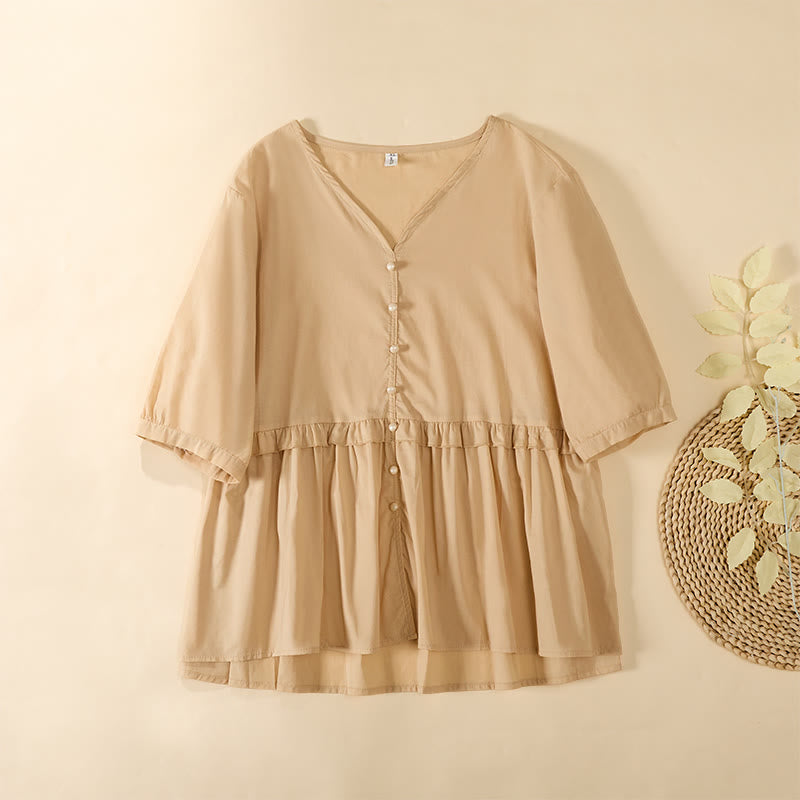 Buddha Stones Letnia, jednokolorowa, damska koszula z krótkim rękawem i dekoltem w serek, zapinana na ozdobne guziki - For - US8-10，UK/AU12-14，EU40-42 (2XL) - image 0