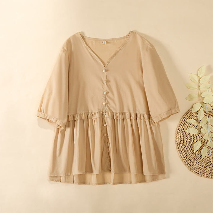 Buddha Stones Letnia, jednokolorowa, damska koszula z krótkim rękawem i dekoltem w serek, zapinana na ozdobne guziki - For - US8-10，UK/AU12-14，EU40-42 (2XL) - image 0