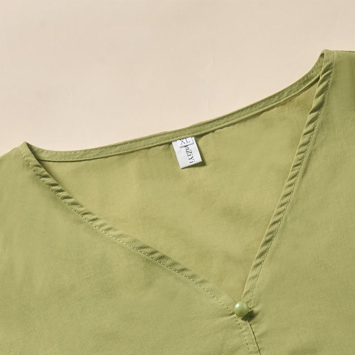 Buddha Stones Letnia, jednokolorowa, damska koszula z krótkim rękawem i dekoltem w serek, zapinana na ozdobne guziki - image 8