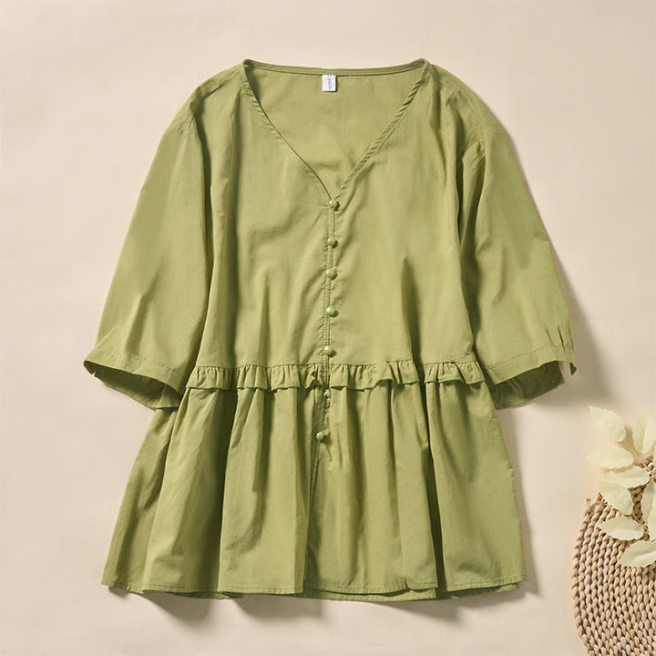 Buddha Stones Letnia, jednokolorowa, damska koszula z krótkim rękawem i dekoltem w serek, zapinana na ozdobne guziki - Żółtozielony - US8-10，UK/AU12-14，EU40-42 (2XL) - image 6