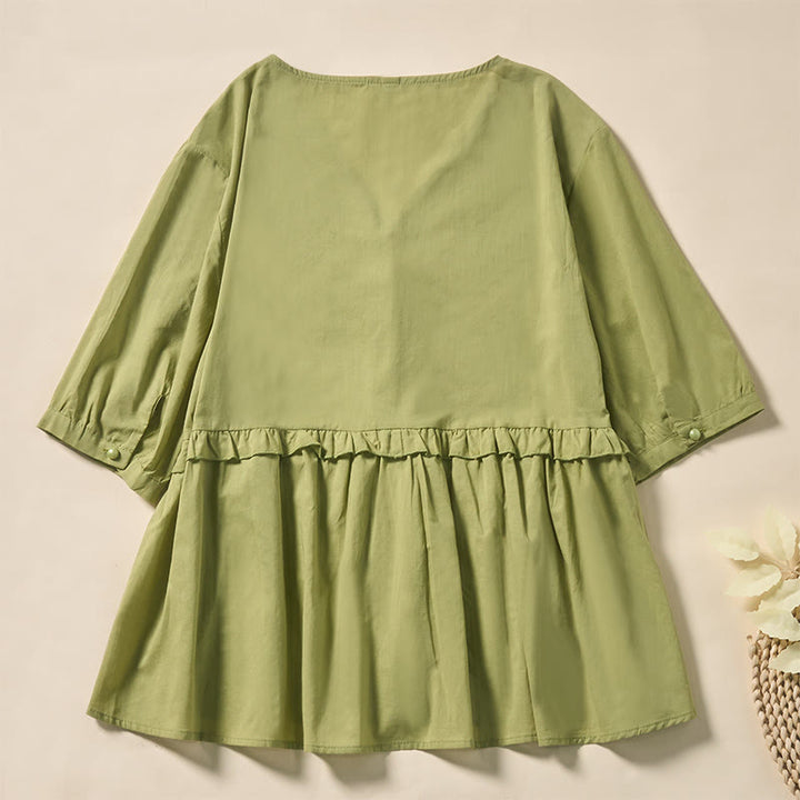 Buddha Stones Letnia, jednokolorowa, damska koszula z krótkim rękawem i dekoltem w serek, zapinana na ozdobne guziki - image 7