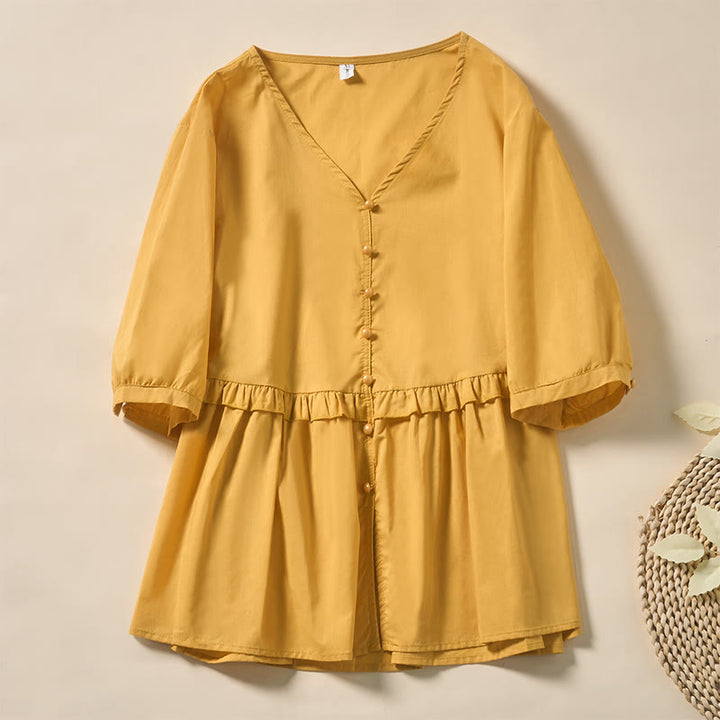 Buddha Stones Letnia, jednokolorowa, damska koszula z krótkim rękawem i dekoltem w serek, zapinana na ozdobne guziki - Złoto - US8-10，UK/AU12-14，EU40-42 (2XL) - image 26