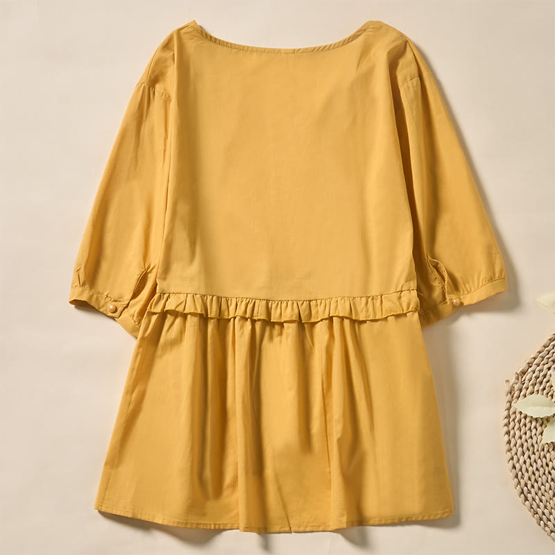 Buddha Stones Letnia, jednokolorowa, damska koszula z krótkim rękawem i dekoltem w serek, zapinana na ozdobne guziki - image 27