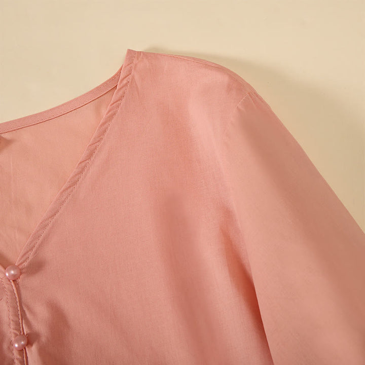 Buddha Stones Letnia, jednokolorowa, damska koszula z krótkim rękawem i dekoltem w serek, zapinana na ozdobne guziki - image 18