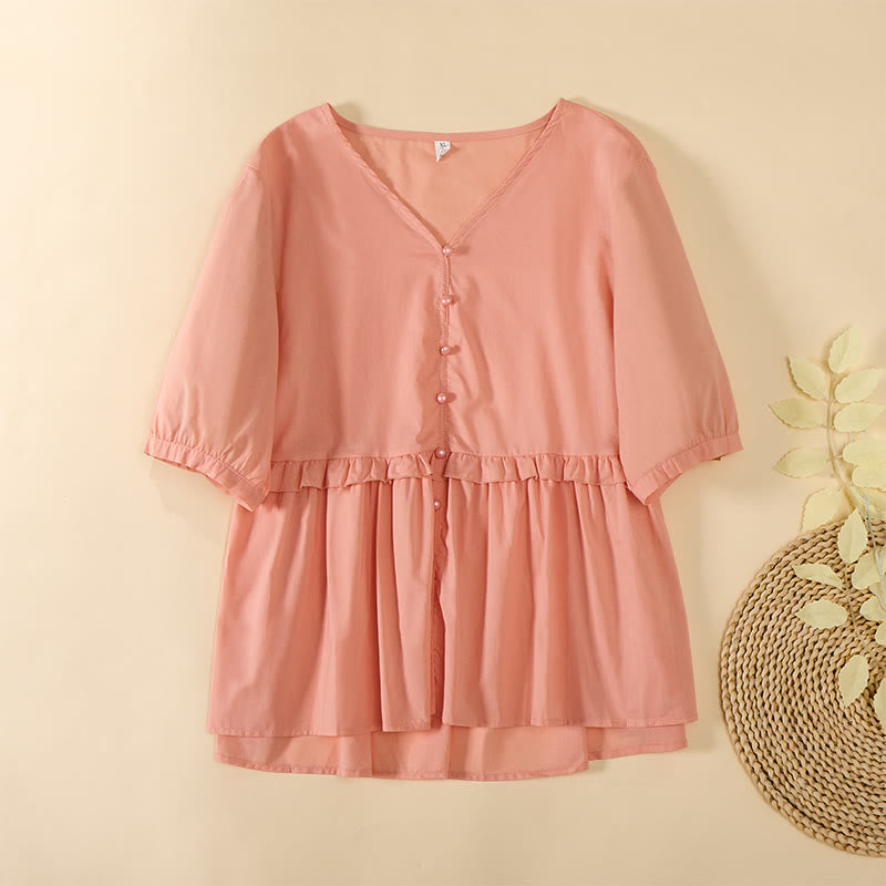 Buddha Stones Letnia, jednokolorowa, damska koszula z krótkim rękawem i dekoltem w serek, zapinana na ozdobne guziki - LightSalmon - US8-10，UK/AU12-14，EU40-42 (2XL) - image 13