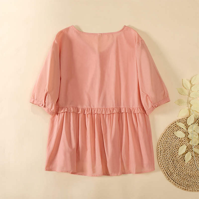 Buddha Stones Letnia, jednokolorowa, damska koszula z krótkim rękawem i dekoltem w serek, zapinana na ozdobne guziki - image 14