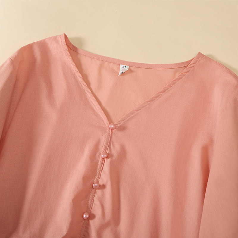 Buddha Stones Letnia, jednokolorowa, damska koszula z krótkim rękawem i dekoltem w serek, zapinana na ozdobne guziki - image 16