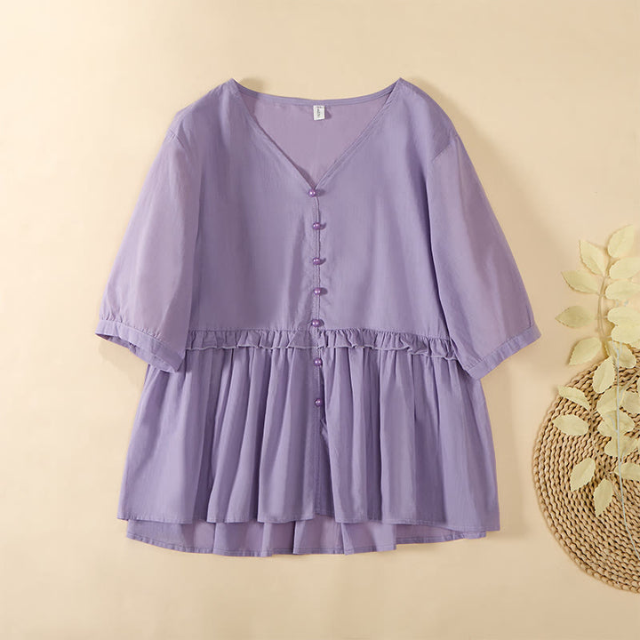 Buddha Stones Letnia, jednokolorowa, damska koszula z krótkim rękawem i dekoltem w serek, zapinana na ozdobne guziki - Śliwka - US8-10，UK/AU12-14，EU40-42 (2XL) - image 20