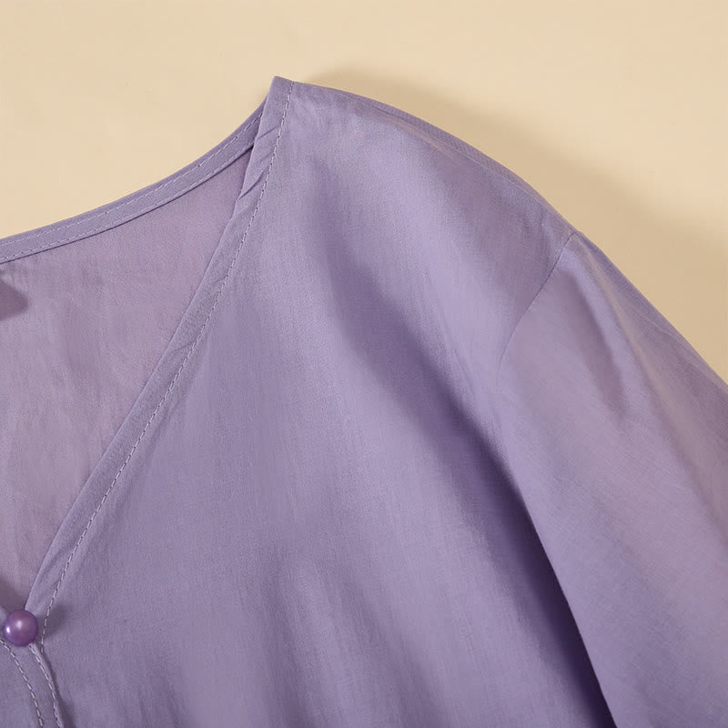 Buddha Stones Letnia, jednokolorowa, damska koszula z krótkim rękawem i dekoltem w serek, zapinana na ozdobne guziki - image 24