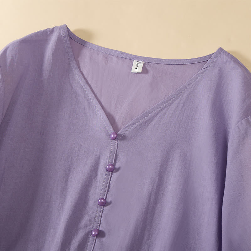 Buddha Stones Letnia, jednokolorowa, damska koszula z krótkim rękawem i dekoltem w serek, zapinana na ozdobne guziki - image 23