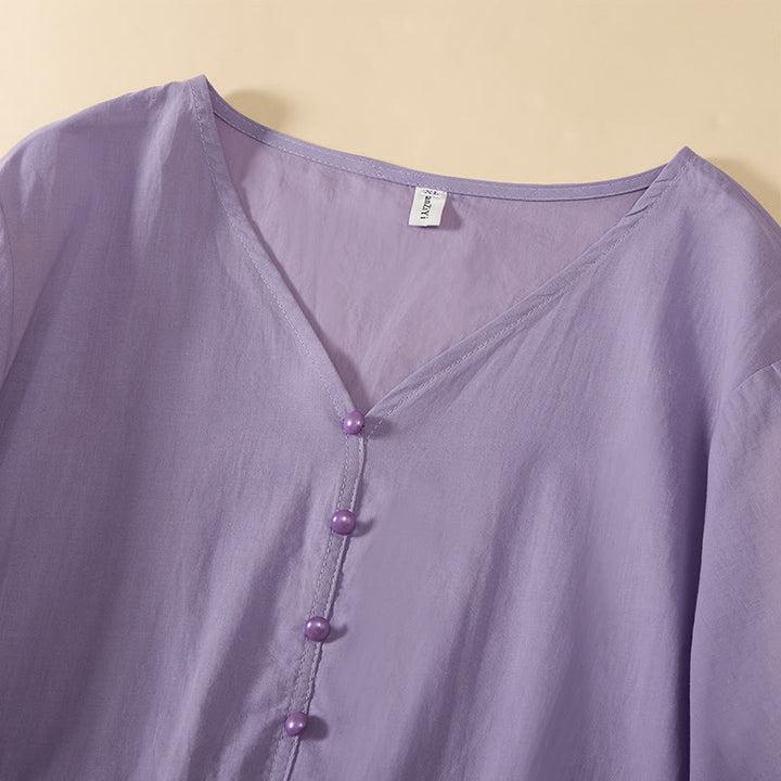 Buddha Stones Letnia, jednokolorowa, damska koszula z krótkim rękawem i dekoltem w serek, zapinana na ozdobne guziki - image 23