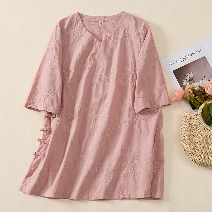 Buddha Stones Koszula damska bawełniana wiosenna z długim rękawem i dekoltem w serek, z wzorem liści - image 3