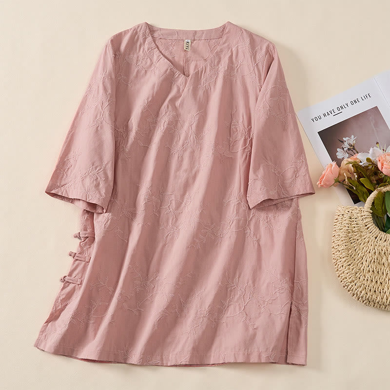 Buddha Stones Koszula damska bawełniana wiosenna z długim rękawem i dekoltem w serek, z wzorem liści - Różowy - US8-10，UK/AU12-14，EU40-42 (2XL) - image 0