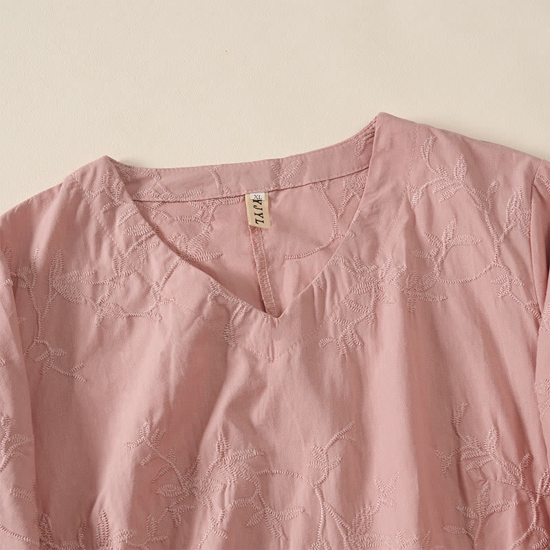 Buddha Stones Koszula damska bawełniana wiosenna z długim rękawem i dekoltem w serek, z wzorem liści - image 7